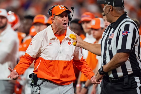 Clemson head coach Dabo Swinney reacts in the first half of an NCAA college football game against Louisville, Saturday, Nov. 2, 2024, in Clemson, S.C. (AP Photo/Jacob Kupferman)