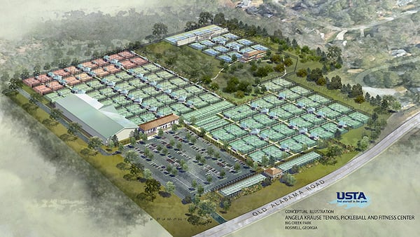 A rendering of the Angela Krause Tennis, Pickleball and Fitness Center previously planned at Big Creek Park in Roswell.