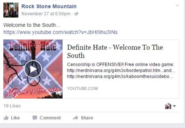 The organizer of a planned white power rally at Stone Mountain posted this link to a white supremacist band on the Facebook page promoting the rally.