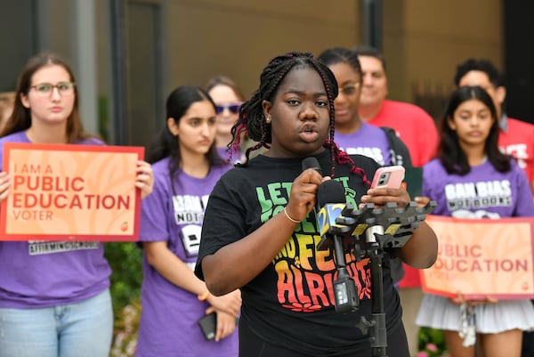 Ayomide Lowo, a Cobb County student, speaks to members of the press outside Cobb County School District building, Thursday, September 14, 2023, in Marietta. The Georgia Youth Justice Coalition hosted a press conference to talk about school funding and the current politics in Cobb. (Hyosub Shin / Hyosub.Shin@ajc.com)