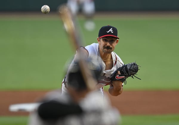 Atlanta Braves' pitcher Spencer Strider (99) throws a pitch against the Arizona Diamondbacks during the first inning of home opener baseball game at Truist Park, Friday, April 5, 2024, in Atlanta. (Hyosub Shin / Hyosub.Shin@ajc.com)