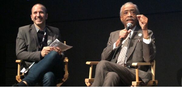  Basil Tsiokos, director of programming for DOC NYC and Rev. Al Sharpton at the world premiere of "Maynard." Photo: Jennifer Brett