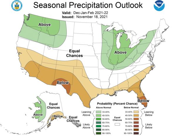 New projections released November 18, 2021 by the National Oceanic and Atmospheric Administration show that the odds are leaning in favor of below average precipitation across much of Georgia this winter.