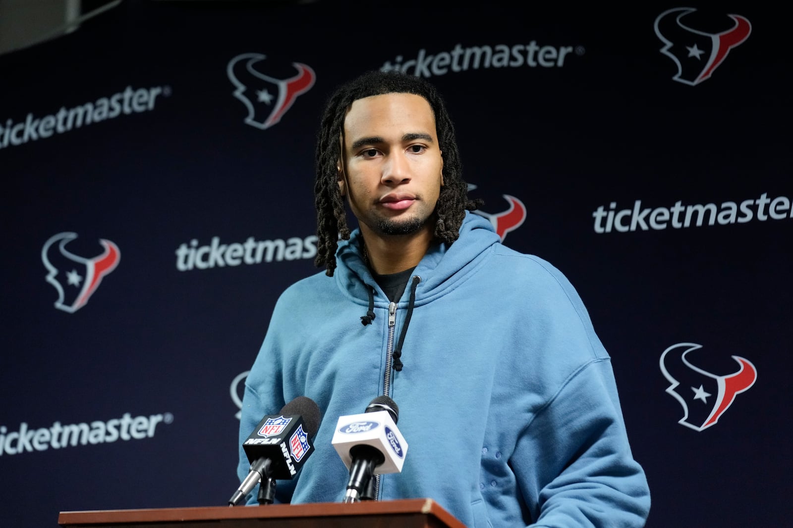 Houston Texans quarterback C.J. Stroud speaks during a press conference after an NFL football game against the New York Jets, early Friday, Nov. 1, 2024, in East Rutherford, N.J. (AP Photo/Seth Wenig)