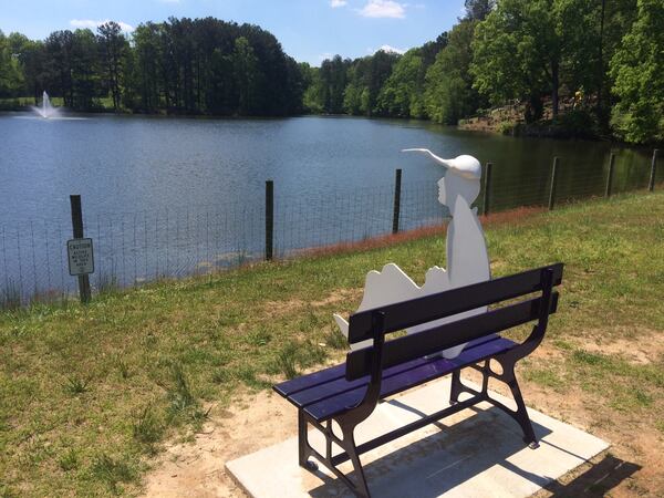 This is the fourth time Suwanee has staged the SculpTour, using privately donated funds to mount sculptures loaned by artists from around the country and ask visitors to vote on their favorite. Suwanee typically purchases at least one sculpture at the end of each "tour," adding them to its growing permanent public art collection around the city. This piece, "Audubon Watcher" by Jim Collins, is with three others in Sims Lake Park on Suwanee Dam Road. Photo by Jill Vejnoska jvejnoska@ajc.com