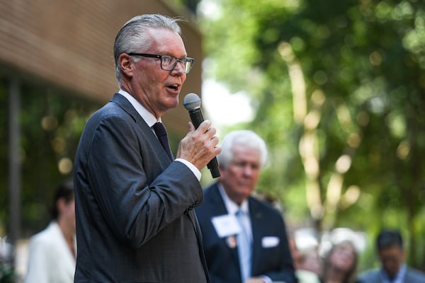 Delta Air Lines CEO Ed Bastian talks during a building dedication event at Delta headquarters in Atlanta, Georgia, on June 24, 2024. (Ziyu Julian Zhu/AJC)