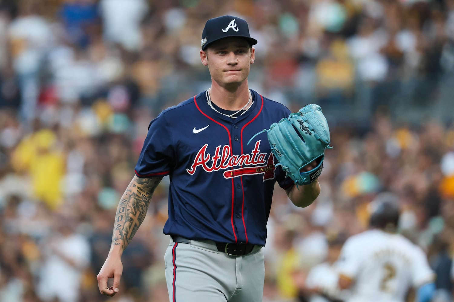 Atlanta Braves pitcher AJ Smith-Shawver (32) walks from the pitching mound during the first inning of the National League Division Series Wild Card Game One against the San Diego Padres at Petco Park in San Diego on Tuesday, Oct. 1, 2024.   (Jason Getz / Jason.Getz@ajc.com)