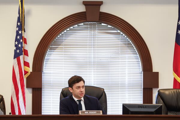 U.S. Sen. Jon Ossoff, D-Ga., speaks during a U.S. Senate Human Rights Subcommittee hearing on housing conditions at Roswell City Hall on Monday.