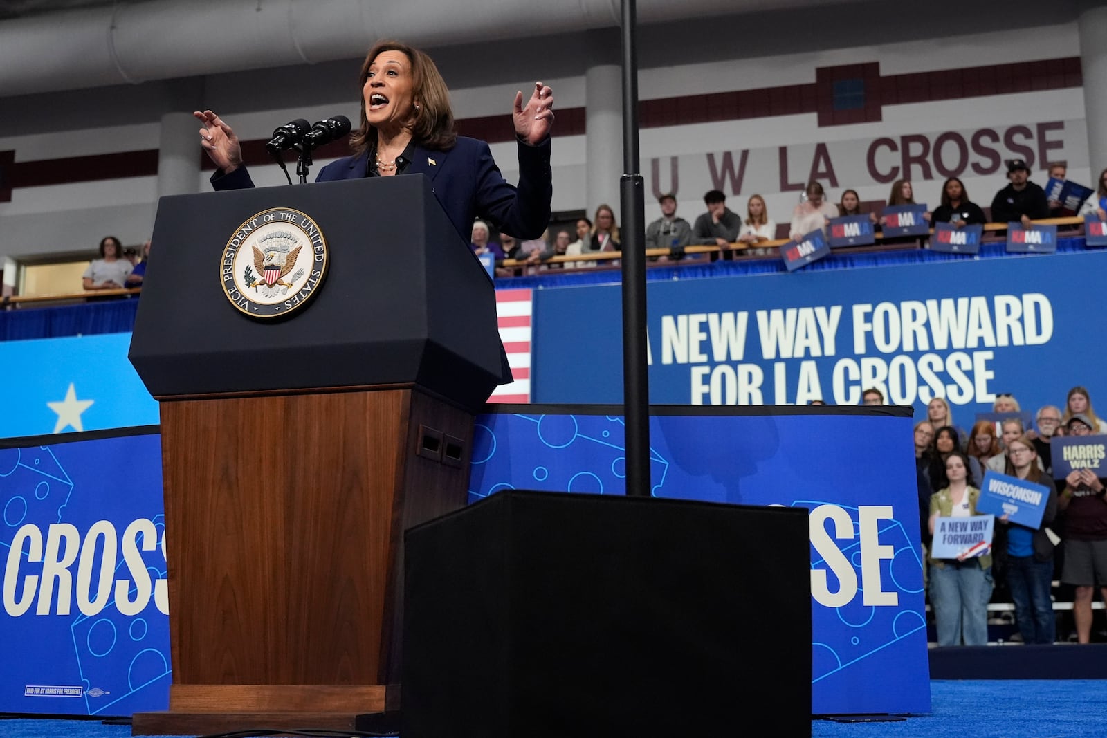 Democratic presidential nominee Vice President Kamala Harris speaks during a campaign rally at the University of Wisconsin La Crosse, in La Crosse, Wis., Thursday, Oct. 17, 2024. (AP Photo/Jacquelyn Martin)