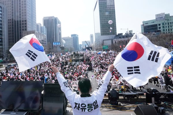 Supporters of impeached South Korean President Yoon Suk Yeol stage a rally to oppose his impeachment in Seoul, South Korea, Saturday, March 8, 2025. (AP Photo/Ahn Young-joon)