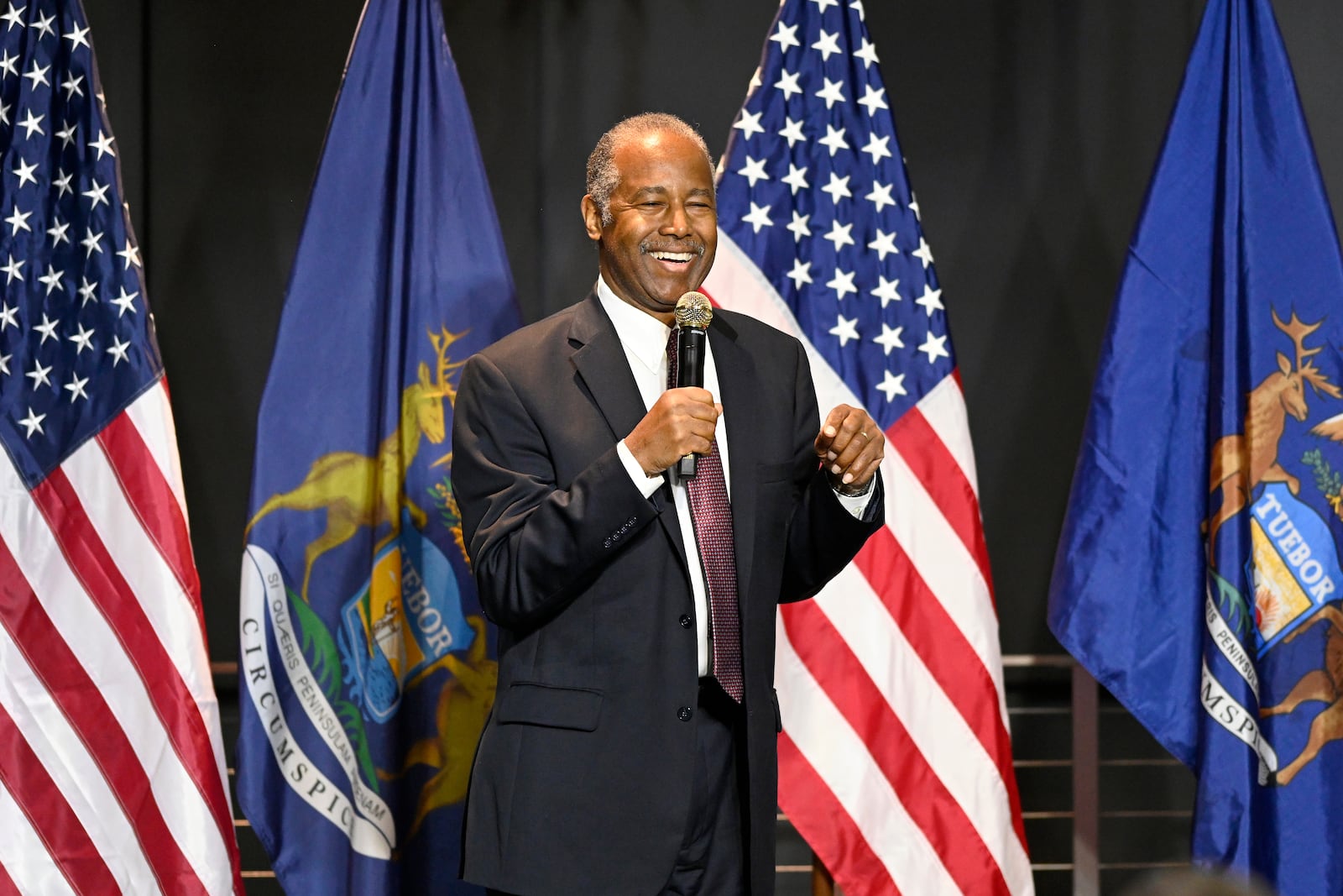 Ben Carson addresses supporters of Republican presidential nominee former President Donald Trump, Saturday, Oct. 5, 2024, in Livonia, Mich. (AP Photo/Jose Juarez)