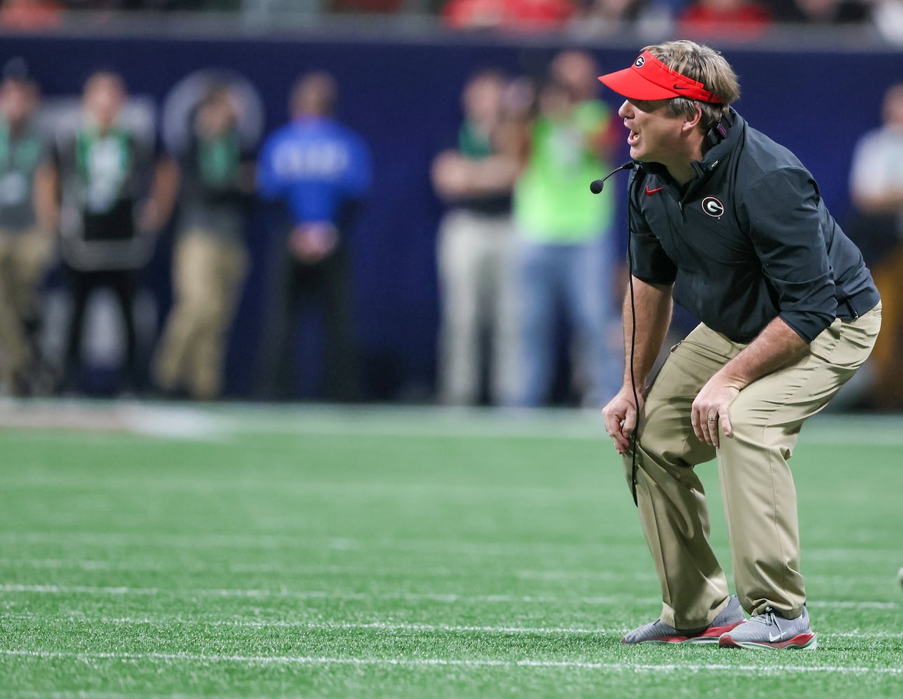 Georgia Bulldogs head coach Kirby Smart reacts during the fourth quarter of the SEC Championship football game against the Alabama Crimson Tide at the Mercedes-Benz Stadium in Atlanta, on Saturday, December 2, 2023. (Jason Getz / Jason.Getz@ajc.com)