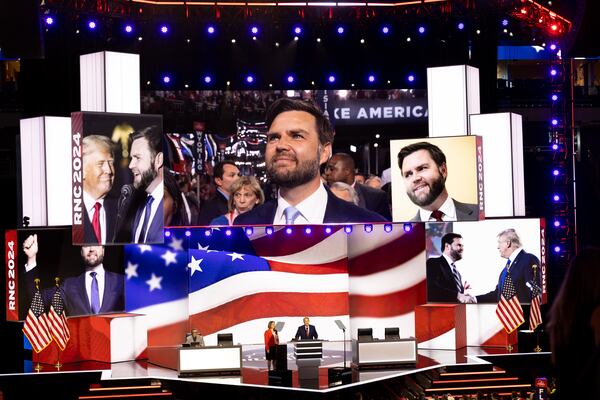 JD Vance (on screen) accepts the GOP’s vice presidential nomination Monday at the Republican National Convention in Milwaukee. (Arvin Temkar / AJC)