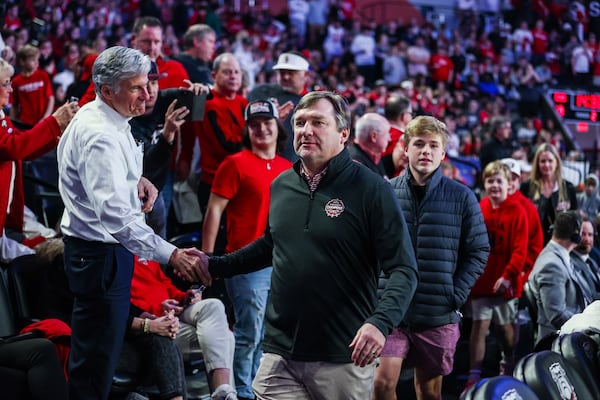 Georgia football coach Kirby Smart was a popular man during a basketball game against Mississippi State at Stegeman Coliseum in Athens, Ga., on Wednesday, Jan. 11, 2023. (Photo by Tony Walsh / UGA Athletics)