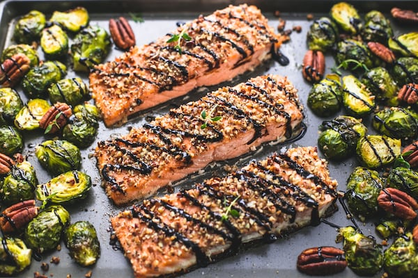 Saturday’s Sheet Pan Pecan-Crusted Salmon With Brussels Sprouts only takes about 20 minutes prep time. Contributed by American Pecan Council