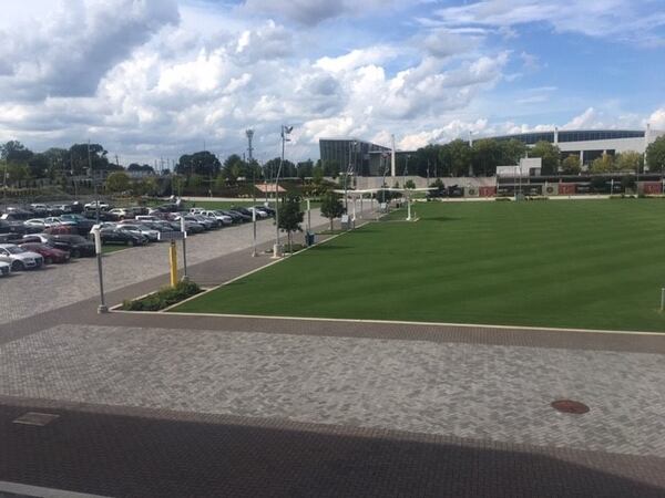 An empty Home Depot Backyard outside of Mercedes-Benz Stadium.