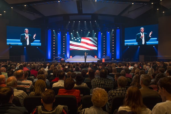 Republican presidential candidate Dr. Ben Carson speaks during a church service at Free Chapel, Sunday, Oct. 11, 2015, in Gainesville, Ga. Carson promoted his book "A More Perfect Union: What We the People Can Do to Reclaim Our Constitutional Liberties" that he co-authored with his wife Candy Carson during his visit. BRANDEN CAMP/SPECIAL