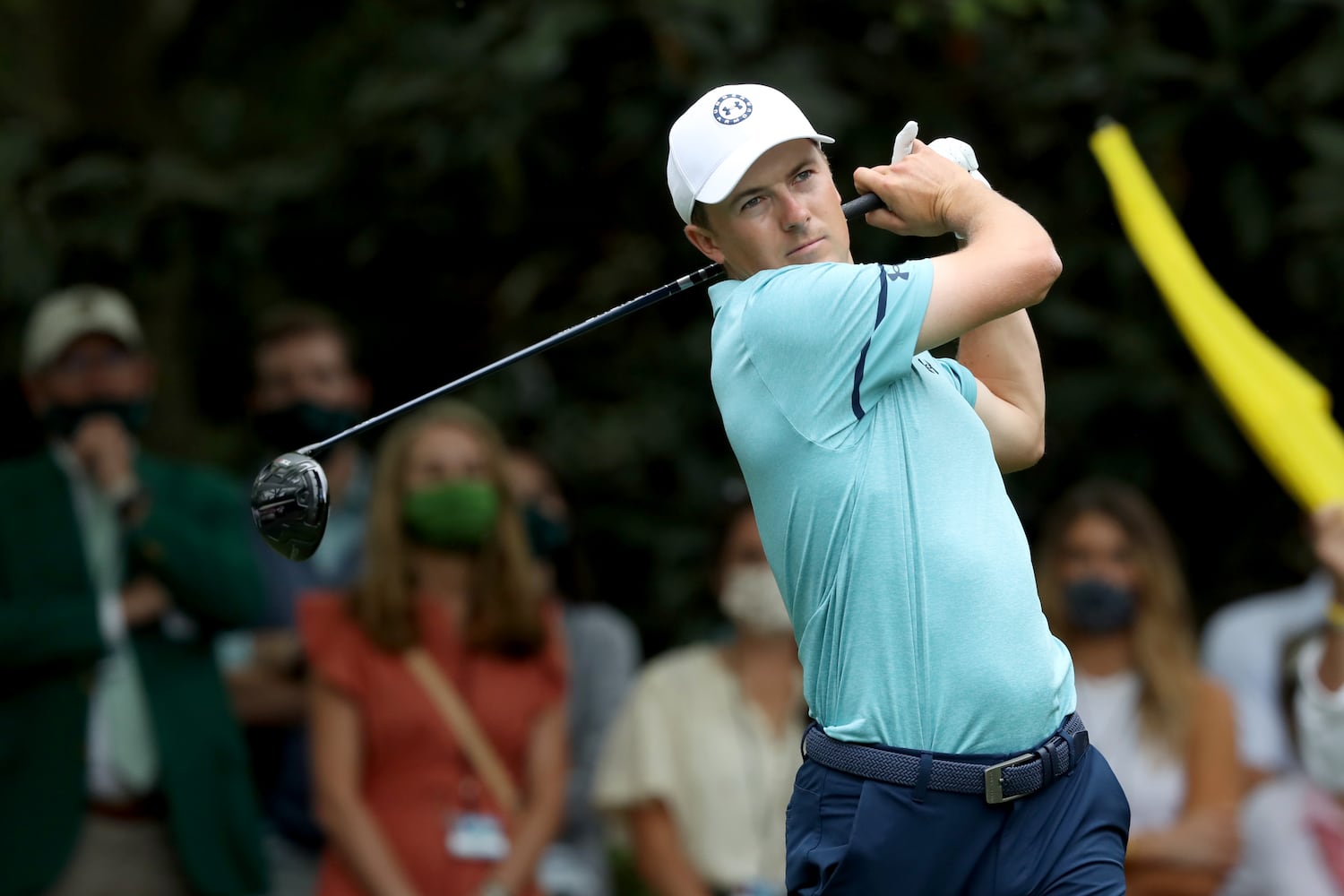 April 9, 2021, Augusta: Jordan Spieth tees off on the seventh hole during the second round of the Masters at Augusta National Golf Club on Friday, April 9, 2021, in Augusta. Curtis Compton/ccompton@ajc.com