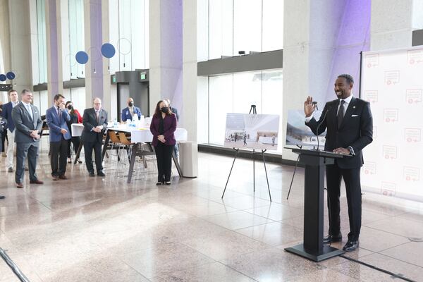 City of Atlanta mayor-elect Andre Dickens spoke during the Center for Global Health Innovation's unveiling of its proposed "health district" in midtown Atlanta on Wednesday, December 15, 2021. Dickens noted  the site's direct access to a Marta station and the proximity of Tech Square and the airport. Miguel Martinez for The Atlanta Journal-Constitution