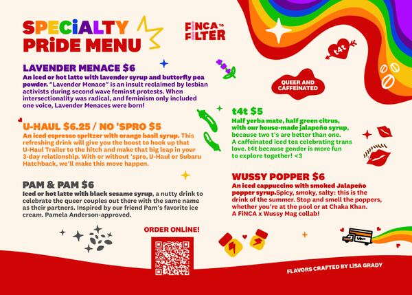 Finca to Filter's Pride drink menu.