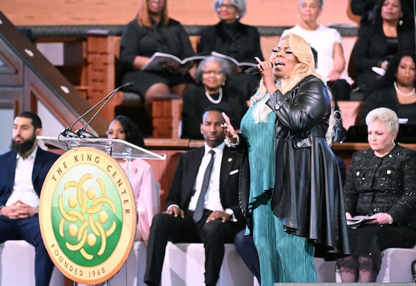 Tamika Patton sings during the Martin Luther King Jr. Day service at Ebenezer Baptist Church in Atlanta on Monday.