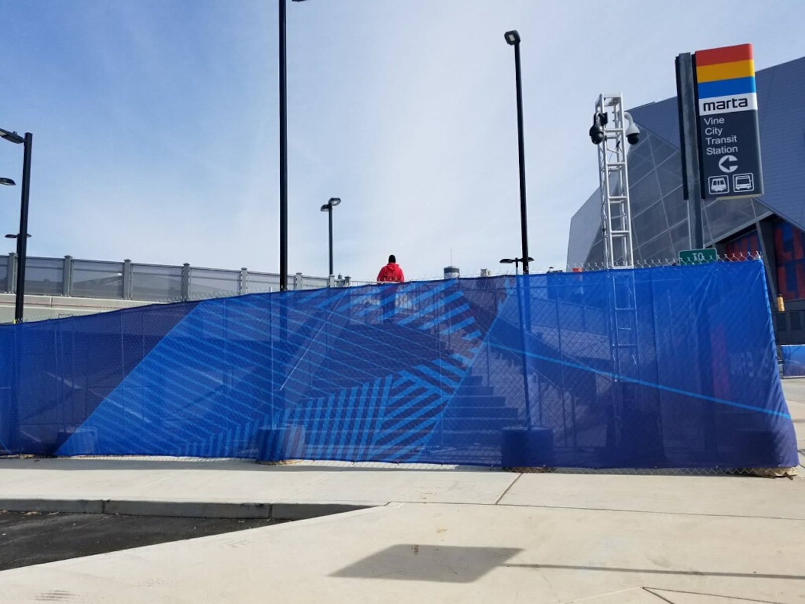 BRIDGE TO NOWHERE? Access to the new Northside Drive pedestrian bridge is blocked in this Jan. 30, 2019, photo. City officials say security concerns ahead of Super Bowl LIII prompted the closure.