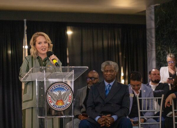 Casting director Kimberly Wistedt addresses the crowd during Georgia Film Day 2024 at City Hall, a March gathering where Mayor Andre Dickens, government representatives, Atlanta-based actors, producers and directors gathered to celebrate the film industry in Georgia.  (Jenni Girtman for The Atlanta Journal-Constitution)