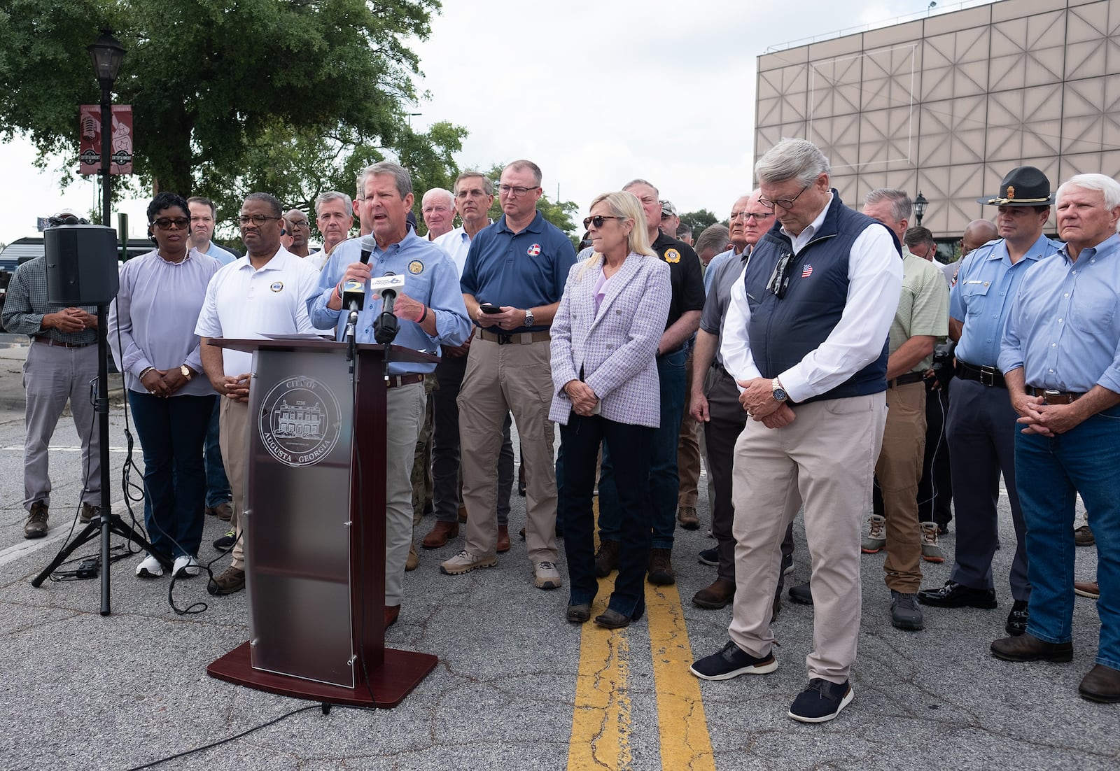 Georgia Gov. Brian Kemp spoke to the news media about Hurricane Helene cleanup in Augusta last month.