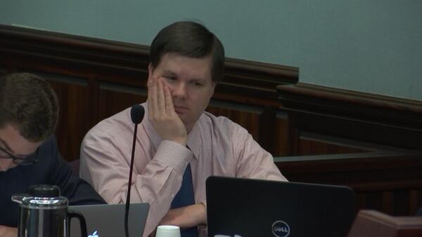 Justin Ross Harris reacts to testimony during his murder trial at the Glynn County Courthouse in Brunswick, Ga., on Friday, Oct. 21, 2016. (screen capture via WSB-TV)