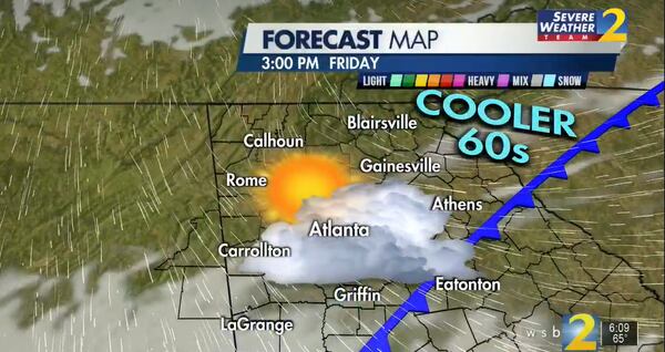 A cold front arriving overnight could bring big changes Friday, triggering morning showers and dropping temperatures back to seasonal levels, according to Channel 2 Action News.