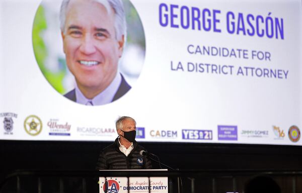 George Gascon, candidate for Los Angeles district attorney, speaks during a drive-in Election Night watch party at the LA Zoo parking lot. (Myung J. Chun/Los Angeles Times/TNS)