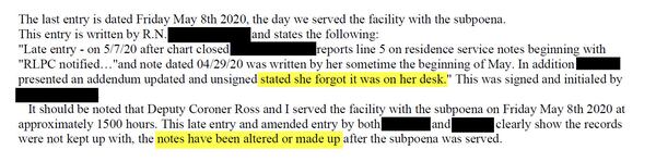 Investigators from the Sandy Springs Police Department looked into Sandy Springs Place after the death of resident John Furman. In its investigation, detectives believed the facility's records were altered after a subpoena was served.