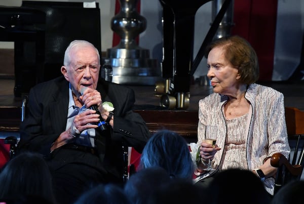 Former U.S. President Jimmy Carter and his wife, Rosalynn, celebrate their 75th wedding anniversary with a private reception for more than 300 invited guests at Plains High School in Plains on Saturday, July 10, 2021. (Hyosub Shin/The Atlanta Journal-Constitution/TNS)