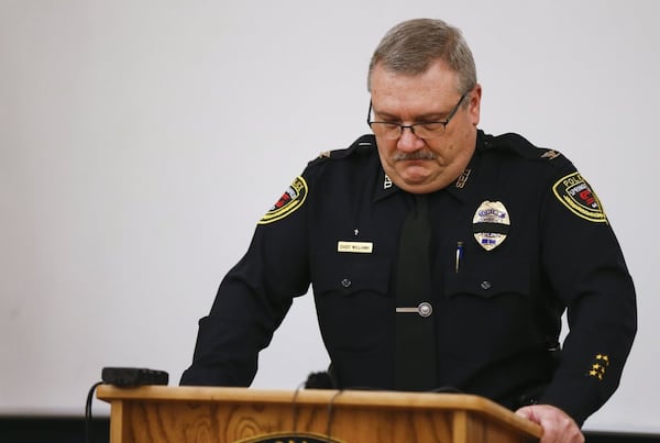 Springfield Police Chief Paul Williams gets emotional during a press conference as he talks about five people including a police officer and a gunman that died in a shooting at a Missouri gas station after the gunman went inside and starting shooting, police said Monday, March 16, 2020, in Springfield, Mo. (Nathan Papes/The Springfield News-Leader via AP)