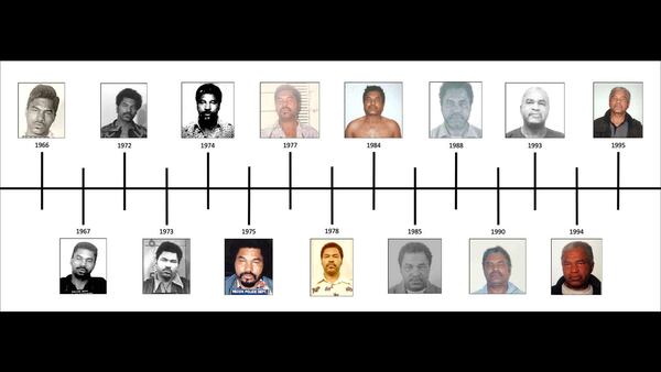 A timeline of booking photos of Samuel Little is shown. Little, 79, has confessed to 93 murders and FBI agents, who have confirmed 50 of those killings, have named him the most prolific serial killer in U.S. history.