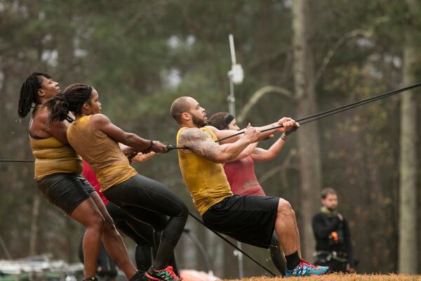 SPARTAN: ULTIMATE TEAM CHALLENGE -- Episode 102 -- Pictured: (l-r) Jessica Johnson, Brandi Hobson, Deon Giddens of "Nashville Noise" -- (Photo by: Mark Hill/NBC)