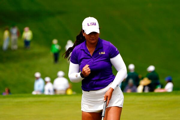 Latanna Stone reacts after making a birdie putt on the 9th hole during the final round of the Augusta National Women's Amateur golf tournament, Saturday, April 2, 2022, in Augusta, Ga. (AP Photo/Matt Slocum)