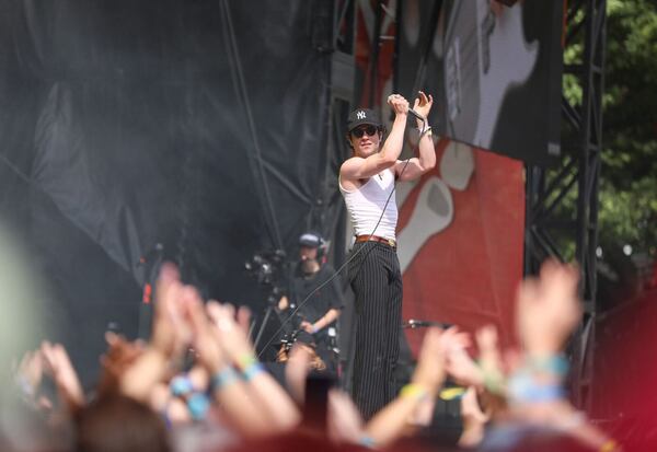 Samuel Holden Jaffe, known as Del Water Gap, gives a high-energy performance as temperatures reached the mid-80s on Friday afternoon at Shaky Knees. (Riley Bunch/The Atlanta Journal-Constitution)