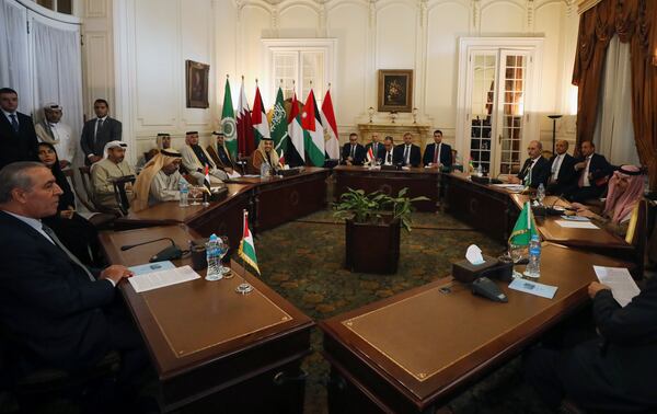 From left to right, secretary general of the Executive Committee of the Palestine Liberation Organization (PLO) Hussein al-Sheikh, UAE diplomat Khalifa Bin Shaheen Almarar, Qatar's PM and foreign minister Mohammed Bin Abdulrahman Al Thani , Egyptian foreign minister Badr Abdelatty, Jordan's foreign minister Ayman Safadi and Saudi foreign minister Faisal bin Farhan, attend a meeting of Arab League foreign ministers in Cairo, Egypt, Saturday, Feb. 1, 2025. (AP Photo/Khaled Elfiqi)