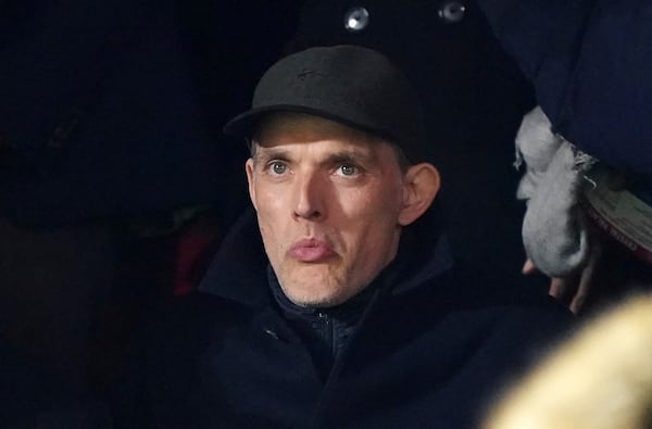 England manager Thomas Tuchel in the stands ahead of the English Premier League soccer match between Crystal Palace and Aston Villa, at Selhurst Park, London, Tuesday Feb. 25, 2025. (Zac Goodwin/PA via AP)