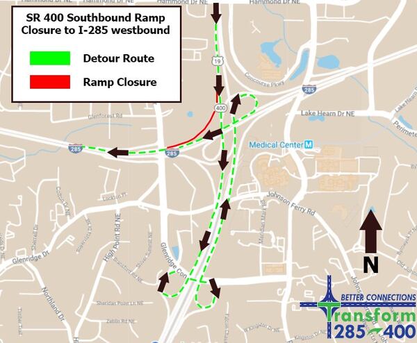 The southbound Ga. 400 ramp to I-285 westbound will be closed from 9 p.m. to 5 a.m. each night until Friday to let crews build a bridge, according to the Georgia Department of Transportation.