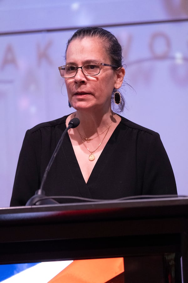 Michelle Olympiadis, shown during an Atlanta school board debate on Wednesday, Sept. 20, 2023, is running to keep her District 3 seat. (Ben Gray / Ben@BenGray.com)