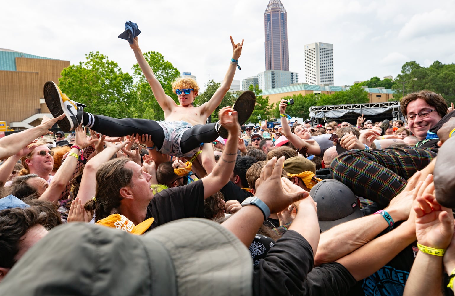 Atlanta, Ga: Bad Nerves killed with high flying acrobats and punk songs to an audience of crowd-surfing fanatics. Photo taken Saturday May 4, 2024 at Central Park, Old 4th Ward. (RYAN FLEISHER FOR THE ATLANTA JOURNAL-CONSTITUTION)