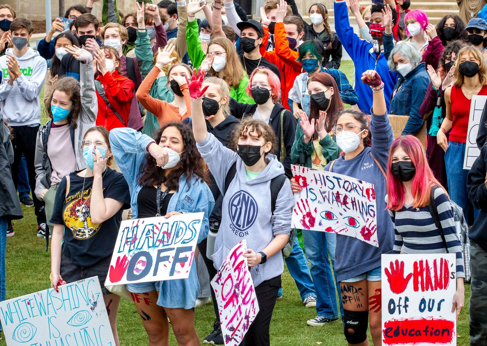 Atlanta high school students gather outside the Georgia Capitol on Friday, Feb. 25, 2022, to protest legislation that would control classroom discussions about race. STEVE SCHAEFER FOR THE ATLANTA JOURNAL-CONSTITUTION