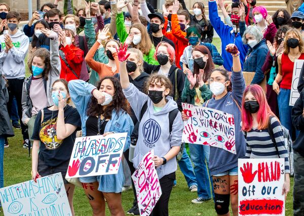 Atlanta high school students gather outside the Georgia Capitol on Friday, Feb. 25, 2022, to protest legislation that would control classroom discussions about race. STEVE SCHAEFER FOR THE ATLANTA JOURNAL-CONSTITUTION