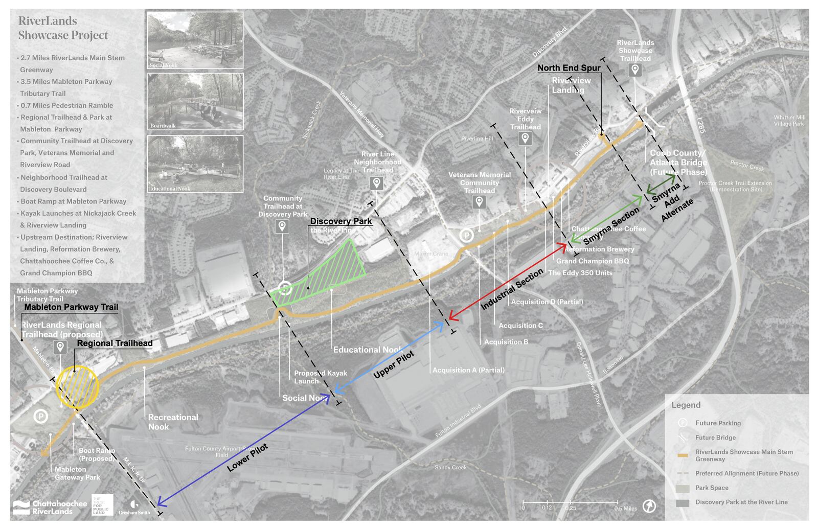 This map shows the plans for the RiverLands Showcase Project, including a regional trailhead with river access in Mableton. Trust for Public Land