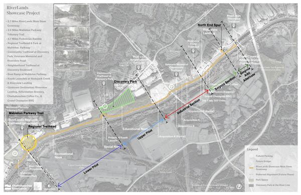 This map shows the plans for the RiverLands Showcase Project, including a regional trailhead with river access in Mableton. Trust for Public Land