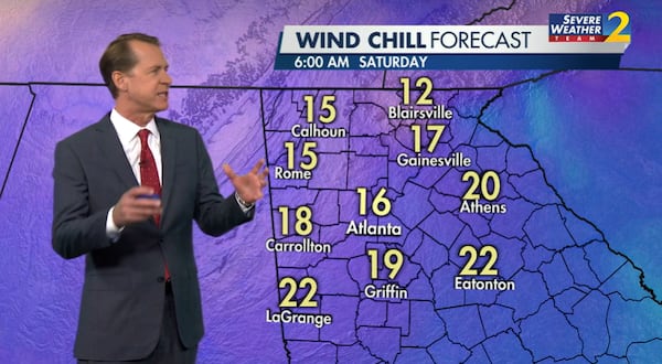 Channel 2 Action News meteorologist Brad Nitz breaks down the wind chill forecast for Saturday morning. It's expected to feel like 12 degrees outside in some parts of metro Atlanta. (Credit: Channel 2 Action News)