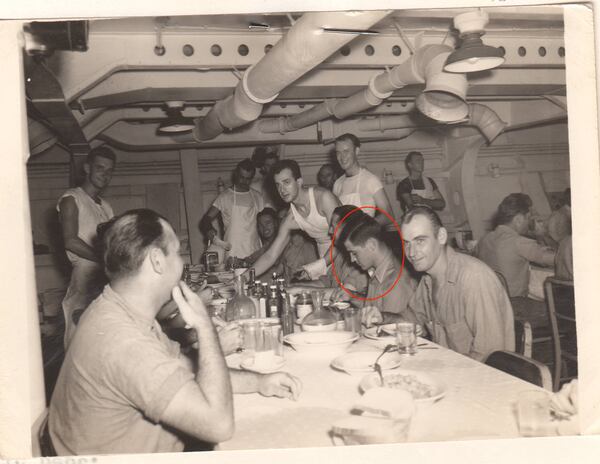 Bill Norberg (circled) with fellow crewmen aboard the USS Enterprise.
(Courtesy of Jack Norberg)