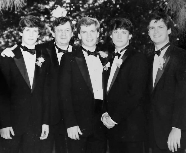 5/22/17 - Atlanta - Tom (from left), Bill, Harry, Matt, and Paul Arnett at Paul's wedding in 1990.  Personal Journey on Matt Arnett, son of folk art collector Bill Arnett and owner of Grocery on Home, a small,  venue where he hosts a curated lineup of up-and-coming musical acts. Photo provided by Matt Arnett